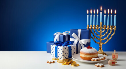 Hanukkah presents with menorah and traditional jewish food sweets
