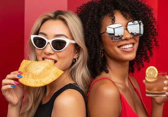 Stylish friends enjoy a vibrant hangout with cocktails and delicious pastry, showcasing a carefree and fun lifestyle for social media or advertising