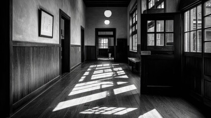 Sunlight streams through a hallway.