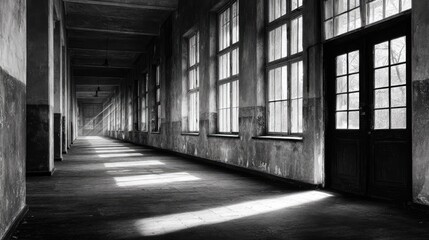 Sunbeams illuminate a long, deserted corridor.