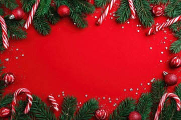 Festive christmas frame with green fir branches candy canes and red ornaments on a bright red background