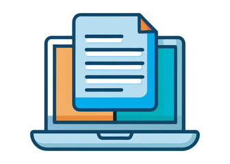 online electronic document or paper sheet or journal on laptop computer, vector flat illustration logo creative icon on white background.