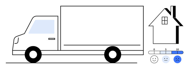Clean layout of a moving truck, house with windows, and satisfaction scale. Ideal for relocation, logistics, customer feedback, service quality, transition, real estate simple flat metaphor