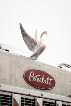 Ponferrada, Leon, Spain; 05-08-2009: Detail shot of the chrome swan-shaped emblem on the front of a "Peterbilt Motors Company" truck and the insignia on a red background