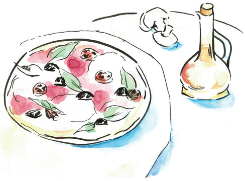 Pizza watercolour illustration. Hand drawn clipart. Food drawing perfect for menu designs.