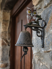 Obraz premium A ceramic owl rests on the stand of a small bronze bell (old hearth doorbell) with a wooden door behind it in a stone house in a rural setting