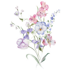 Watercolor floral bouquet clipart in vintage rustic style, colored purple pink violet garden illustration. Hand painting print - abstract flowers, leaves, plants. Design texture, textile, wallpaper.