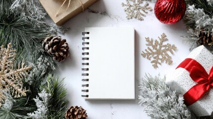 Blank spiral notebook surrounded by festive christmas decorations including pine needles ornaments and pine cones
