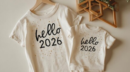 Matching white t shirts for parent and child with hello 2026 text and confetti design