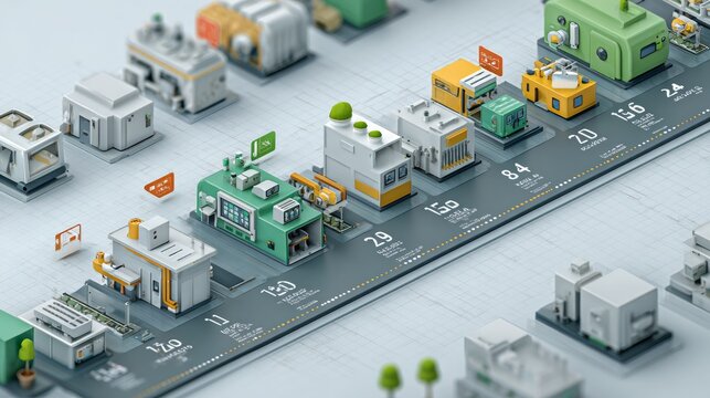 Isometric industrial scene with stylized factories and processing units, connected by lines showing flow and numerical data