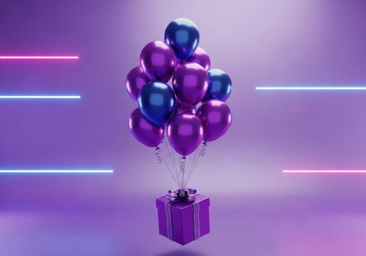 Purple gift box with balloons floating in a neon-lit, gradient background