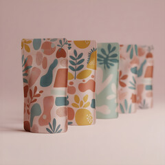 Set of patterned stand-up pouches with colorful abstract floral prints on pink background