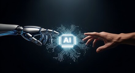 Close-up of a central, glowing AI chip being activated or connected by two contrasting hands