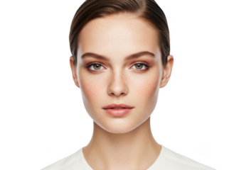 A close-up portrait of a young woman with a simple background, beautiful, brown, cosmetic, eye, eyebrow, face, freckle, hair, model, portrait, pose, skin, stare, white, woman 