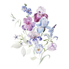 Watercolor floral bouquet clipart in vintage rustic style, colored purple pink violet garden illustration. Hand painting print - abstract flowers, leaves, plants. Design texture, textile, wallpaper.