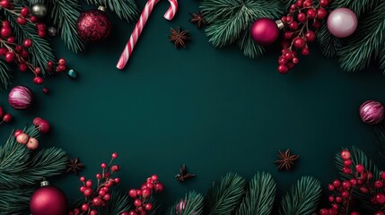Festive christmas border with deep green background red ornaments berries and candy canes