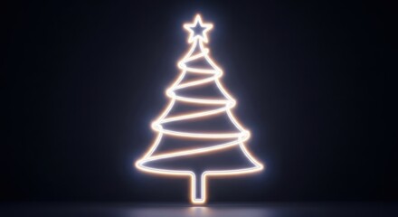 Glowing neon christmas tree outline with a star on a dark background