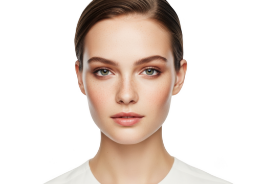 A close-up portrait of a young woman with a simple background, beautiful, brown, cosmetic, eye, eyebrow, face, freckle, hair, model, portrait, pose, skin, stare, white, woman