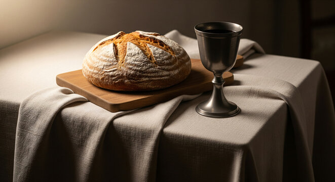 A peaceful still life showcasing a chalice filled with wine and bread for Easter Communion.