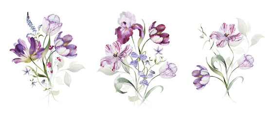 Fototapeta premium Watercolor floral bouquets clipart in vintage rustic style, colored purple pink violet garden illustration. Hand painting print - abstract flowers, leaves, plants. Design texture, textile, wallpaper.
