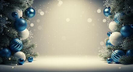 Blue and white Christmas ornaments on pine branches 1