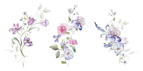 Fototapeta premium Watercolor floral bouquets clipart in vintage rustic style, colored purple pink violet garden illustration. Hand painting print - abstract flowers, leaves, plants. Design texture, textile, wallpaper.