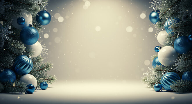 Blue and white Christmas ornaments on pine branches 1