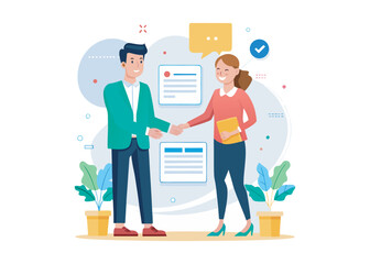 People shaking hands at work Two business people, man and woman doing handshake in office at work while smiling over business agreement and deal. Flat design stock illustration on white background 