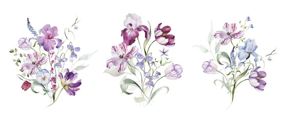 Watercolor floral bouquets clipart in vintage rustic style, colored purple pink violet garden illustration. Hand painting print - abstract flowers, leaves, plants. Design texture, textile, wallpaper.