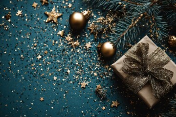 Festive christmas gift box with golden ornaments and sparkling star confetti on a dark teal background