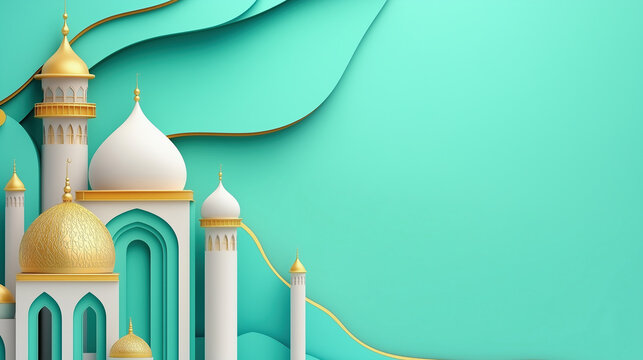 Islamic banner background featuring mosque with golden domes and minarets on green, paper cut style