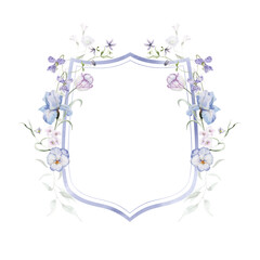 Watercolor floral crest clipart in vintage rustic style, colored purple pink violet garden illustration. Hand painting print - abstract flowers, leaves, plants. Design texture for textile, wallpaper.