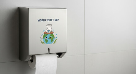 Conceptual World Toilet Day image showing dispenser on wall with logo and globe. Observance of World Toilet Day calls attention to sanitation issues and the need for toilets worldwide.
