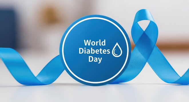 Celebrating World Diabetes Day with blue ribbon and symbolic awareness message. World Diabetes Day represents unity against diabetes, promoting a healthy lifestyle.