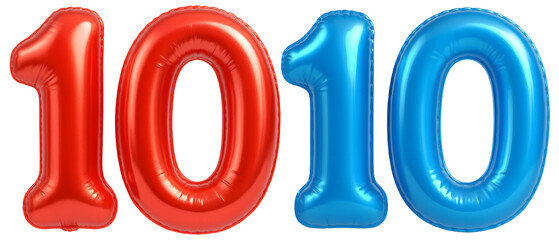3D red and blue balloon number 10, festive decorative design for birthday or anniversary celebration