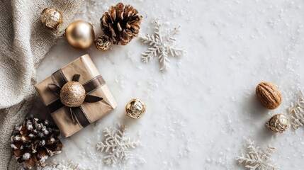 Festive christmas flat lay with gift box pine cones golden ornaments and cozy blanket on a textured surface