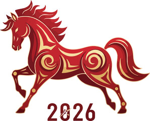 Chinese new year Red horse illustration with gold swirls and 2026 beneath on a white background