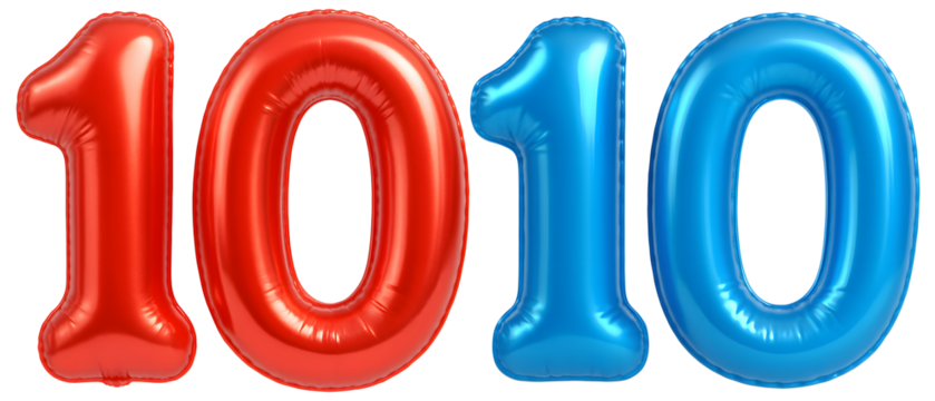 3D red and blue balloon number 10, festive decorative design for birthday or anniversary celebration