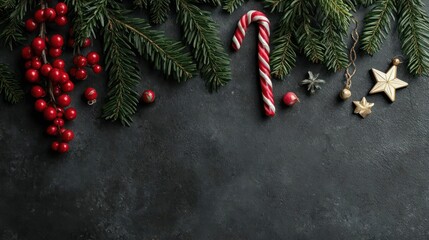 Festive christmas garland with red berries candy cane and rustic ornaments on a dark textured background