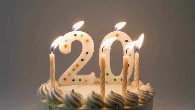 Celebrating Two Decades - A 20th Birthday Cake with Lit Candles.