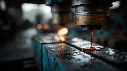 An intricate industrial scene showing machinery pouring molten metal, illustrating the raw energy and transformation at play in a workshop dedicated to metalworking processes.