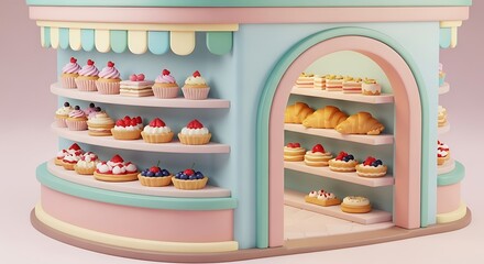 Whimsical Pastel Miniature Bakery Shop with Assorted Sweet Treats, Cupcakes, Tarts, and Croissants on Display in Soft Hues
