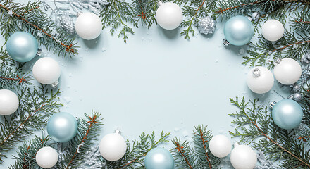 Christmas tree branches with white and blue ornaments and snow