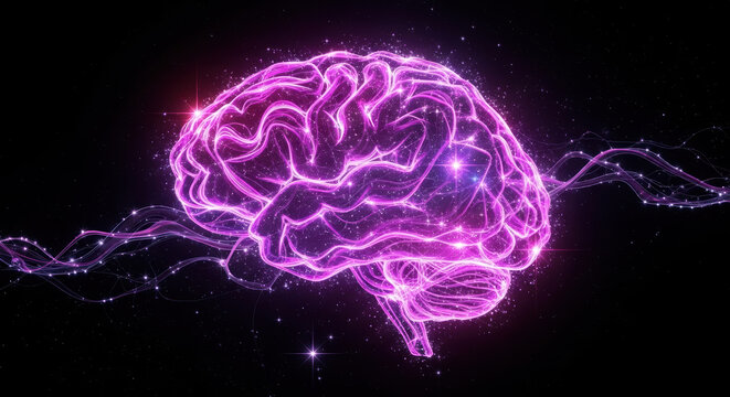 Glowing brain model illuminated in vibrant neon purple for scientific study. Glowing brain with electrical impulses demonstrates neural activity and cognitive function.
