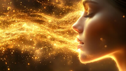 Woman with flowing golden energy against a dark background during a magical moment of expression and beauty