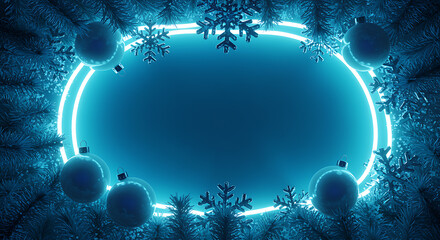 Blue Christmas baubles and snowflakes with neon oval frame