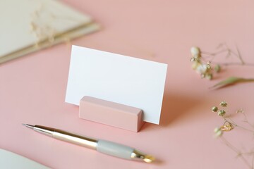 Minimalist stationery scene with blank card and pen on a soft pink background setup studio