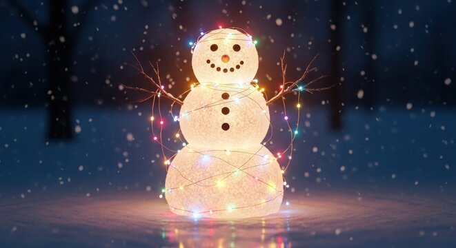 Glowing snowman decorated with colorful christmas lights in a snowy night