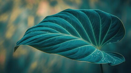 A close up of a large green leaf with water droplets on it