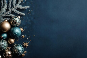 Festive christmas ornaments and frosted fir branches arranged on a dark blue background with scattered glitter
